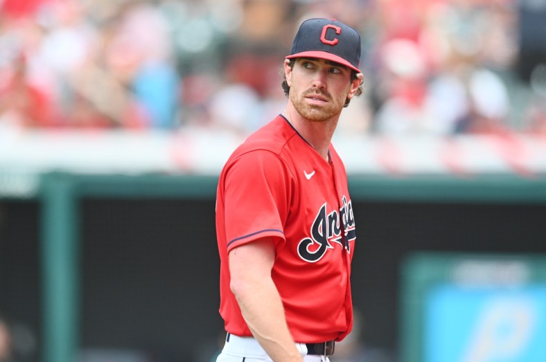 Jun 13, 2021; Cleveland, Ohio, USA; Cleveland Indians starting pitcher Shane Bieber (57) walks to the dugout after being relieved during the sixth inning against the Seattle Mariners at Progressive Field. Mandatory Credit: Ken Blaze-USA TODAY Sports