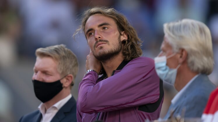 Jun 13, 2021; Paris, France; Stefanos Tsitsipas (GRE) at the trophy presentation after his men's final against Novak Djokovic (SRB) on day 15 of the French Open at Stade Roland Garros. Mandatory Credit: Susan Mullane-USA TODAY Sports