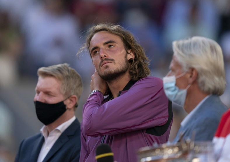 Jun 13, 2021; Paris, France; Stefanos Tsitsipas (GRE) at the trophy presentation after his men's final against Novak Djokovic (SRB) on day 15 of the French Open at Stade Roland Garros. Mandatory Credit: Susan Mullane-USA TODAY Sports