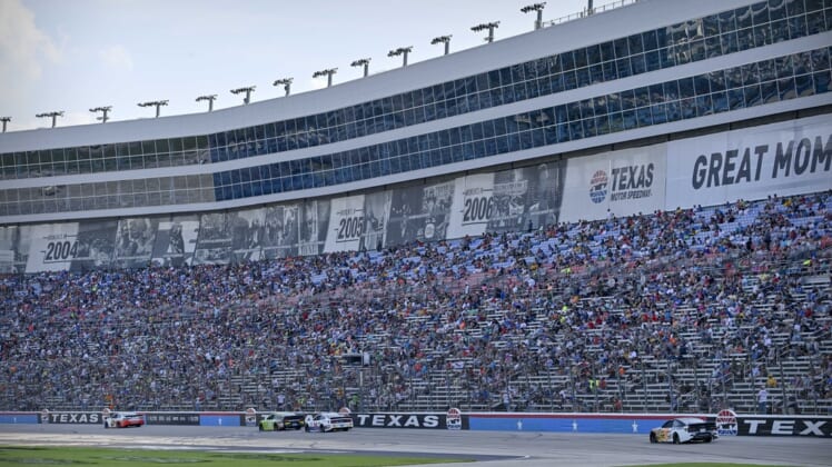 Jun 13, 2021; Fort Worth, TX, USA; A view of the front stretch during the NASCAR All-Star Open at Texas Motor Speedway. Mandatory Credit: Jerome Miron-USA TODAY Sports