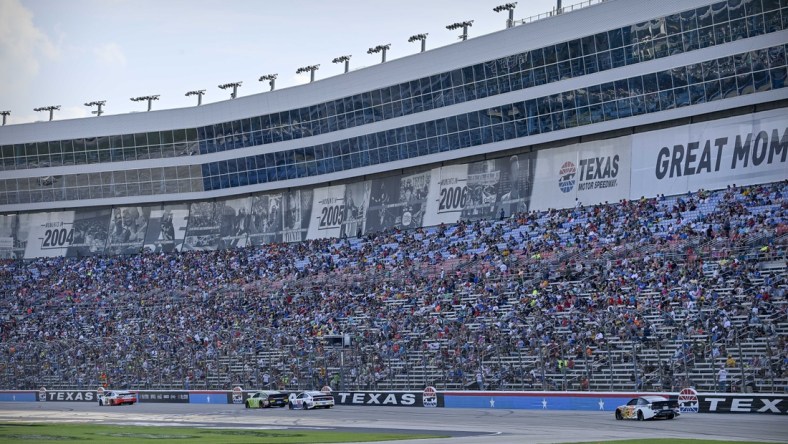 Jun 13, 2021; Fort Worth, TX, USA; A view of the front stretch during the NASCAR All-Star Open at Texas Motor Speedway. Mandatory Credit: Jerome Miron-USA TODAY Sports