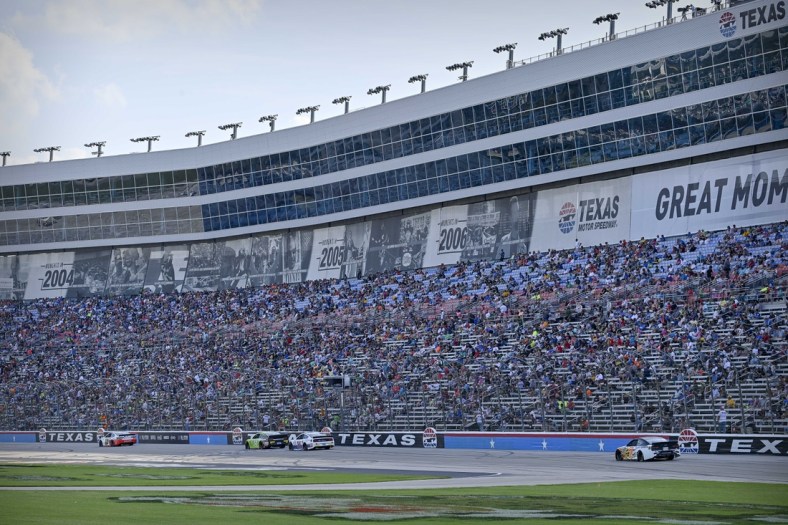 Jun 13, 2021; Fort Worth, TX, USA; A view of the front stretch during the NASCAR All-Star Open at Texas Motor Speedway. Mandatory Credit: Jerome Miron-USA TODAY Sports