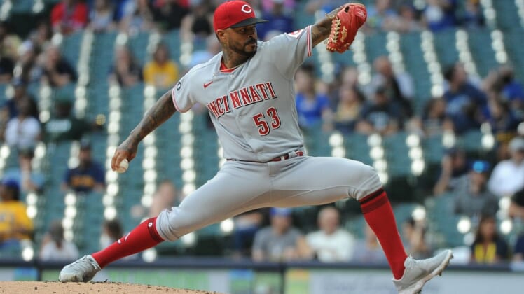 Jun 14, 2021; Milwaukee, Wisconsin, USA;  Cincinnati Reds starting pitcher Vladimir Gutierrez (53) delivers a pitch against the Milwaukee Brewers in the first inning at American Family Field. Mandatory Credit: Michael McLoone-USA TODAY Sports