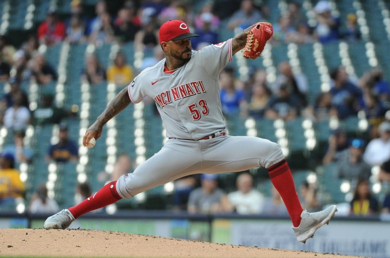 Jun 14, 2021; Milwaukee, Wisconsin, USA;  Cincinnati Reds starting pitcher Vladimir Gutierrez (53) delivers a pitch against the Milwaukee Brewers in the first inning at American Family Field. Mandatory Credit: Michael McLoone-USA TODAY Sports