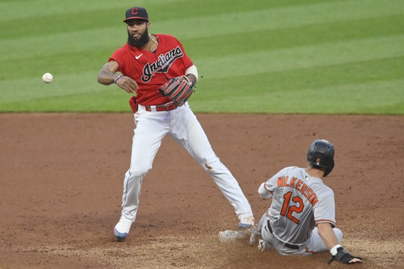Jun 14, 2021; Cleveland, Ohio, USA; Cleveland Indians shortstop Amed Rosario (1) turns a double play against Baltimore Orioles second baseman Stevie Wilkerson (12) in the third inning at Progressive Field. Mandatory Credit: David Richard-USA TODAY Sports