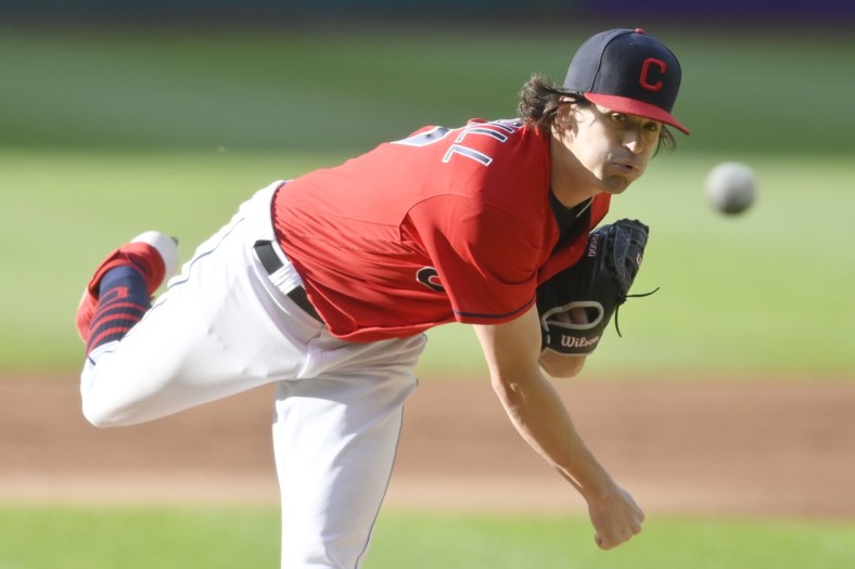 Jun 15, 2021; Cleveland, Ohio, USA; Cleveland Indians starting pitcher Cal Quantrill (47) delivers a pitch in the first inning against the Baltimore Orioles at Progressive Field. Mandatory Credit: David Richard-USA TODAY Sports
