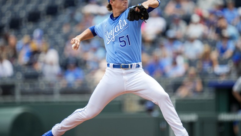 Jun 16, 2021; Kansas City, Missouri, USA; Kansas City Royals starting pitcher Brady Singer (51) pitches against the Detroit Tigers during the first inning at Kauffman Stadium. Mandatory Credit: Jay Biggerstaff-USA TODAY Sports