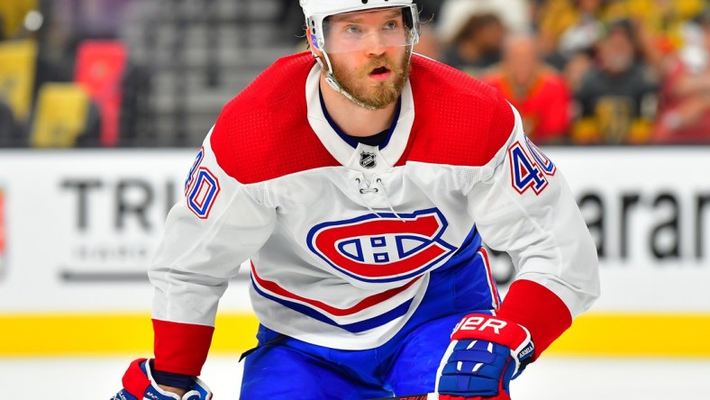 Jun 16, 2021; Las Vegas, Nevada, USA; Montreal Canadiens right wing Joel Armia (40) is pictured during the first period against the Vegas Golden Knights in game two of the 2021 Stanley Cup Semifinals at T-Mobile Arena. Mandatory Credit: Stephen R. Sylvanie-USA TODAY Sports