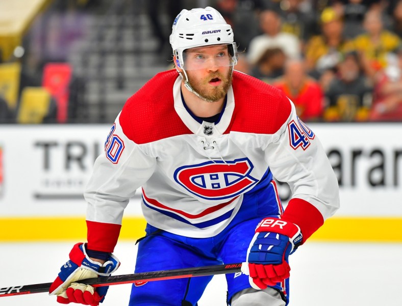 Jun 16, 2021; Las Vegas, Nevada, USA; Montreal Canadiens right wing Joel Armia (40) is pictured during the first period against the Vegas Golden Knights in game two of the 2021 Stanley Cup Semifinals at T-Mobile Arena. Mandatory Credit: Stephen R. Sylvanie-USA TODAY Sports
