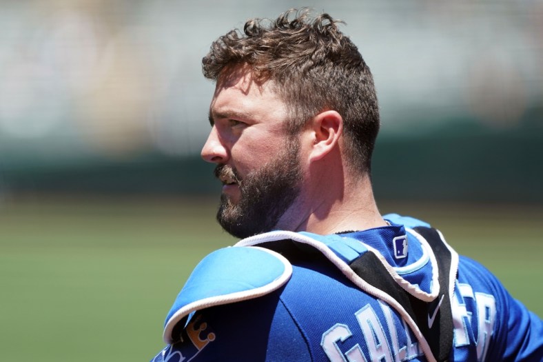 Jun 12, 2021; Oakland, California, USA; Kansas City Royals catcher Cam Gallagher (36) stands on the field before the game against the Oakland Athletics at RingCentral Coliseum. Mandatory Credit: Darren Yamashita-USA TODAY Sports