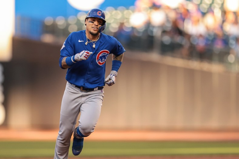 Jun 17, 2021; New York City, New York, USA;  Chicago Cubs shortstop Javier Baez (9) rounds the baes after hitting a two-run home run during the first inning against the New York Mets at Citi Field. Mandatory Credit: Vincent Carchietta-USA TODAY Sports