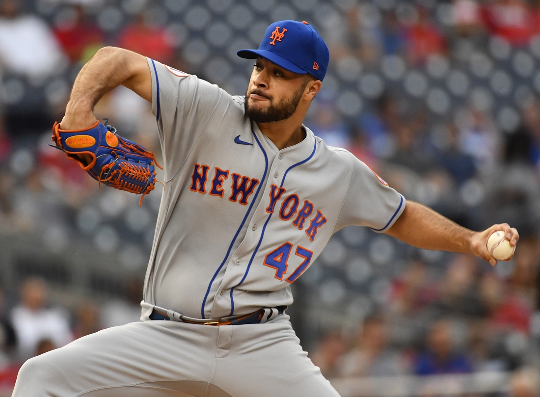 Jun 18, 2021; Washington, District of Columbia, USA; New York Mets starting pitcher Joey Lucchesi (47) throws to the Washington Nationals during the first inning at Nationals Park. Mandatory Credit: Brad Mills-USA TODAY Sports