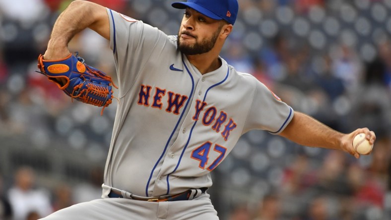 Jun 18, 2021; Washington, District of Columbia, USA; New York Mets starting pitcher Joey Lucchesi (47) throws to the Washington Nationals during the first inning at Nationals Park. Mandatory Credit: Brad Mills-USA TODAY Sports