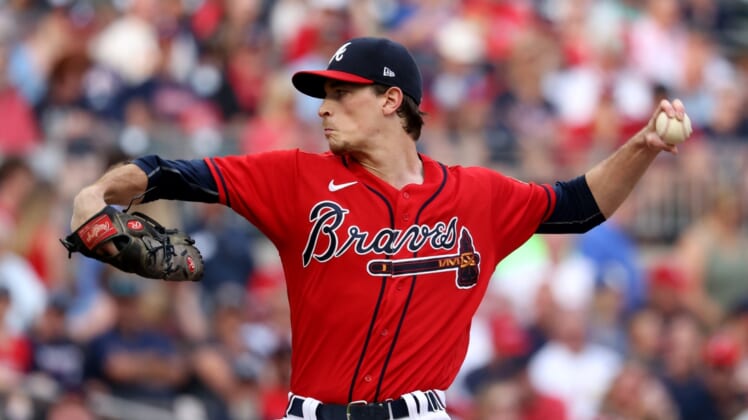 Jun 18, 2021; Atlanta, Georgia, USA; Atlanta Braves starting pitcher Max Fried (54) delivers a pitch to a St. Louis Cardinals batter during the first inning at Truist Park. Mandatory Credit: Jason Getz-USA TODAY Sports