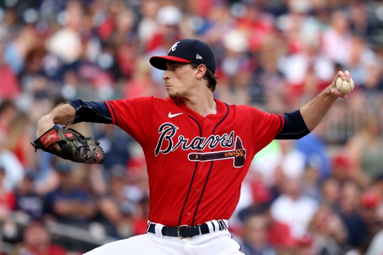 Jun 18, 2021; Atlanta, Georgia, USA; Atlanta Braves starting pitcher Max Fried (54) delivers a pitch to a St. Louis Cardinals batter during the first inning at Truist Park. Mandatory Credit: Jason Getz-USA TODAY Sports