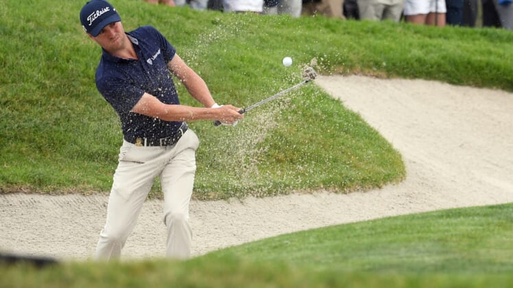 Jun 18, 2021; San Diego, California, USA; Justin Thomas plays a shot from a bunker on the 18th hole during the second round of the U.S. Open golf tournament at Torrey Pines Golf Course. Mandatory Credit: Orlando Ramirez-USA TODAY Sports