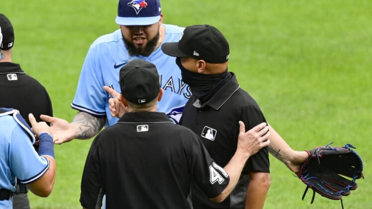 Jun 19, 2021; Baltimore, Maryland, USA;  Toronto Blue Jays starting pitcher Alek Manoah (6) reacts after being thrown out of the game against the Baltimore Orioles on the fourth inning at Oriole Park at Camden Yards. Mandatory Credit: Tommy Gilligan-USA TODAY Sports
