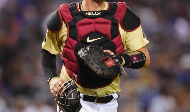 Jun 18, 2021; Phoenix, Arizona, USA; Arizona Diamondbacks catcher Carson Kelly against the Los Angeles Dodgers at Chase Field. Mandatory Credit: Mark J. Rebilas-USA TODAY Sports