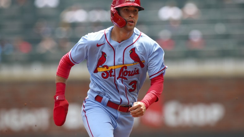 Jun 20, 2021; Atlanta, Georgia, USA; St. Louis Cardinals left fielder Dylan Carlson (3) runs to third against the Atlanta Braves in the third inning at Truist Park. Mandatory Credit: Brett Davis-USA TODAY Sports