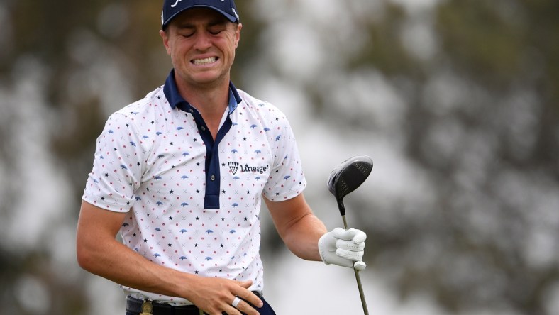 Jun 20, 2021; San Diego, California, USA; Justin Thomas reacts to his shot from the second tee during the final round of the U.S. Open golf tournament at Torrey Pines Golf Course. Mandatory Credit: Orlando Ramirez-USA TODAY Sports