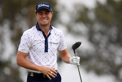 Jun 20, 2021; San Diego, California, USA; Justin Thomas reacts to his shot from the second tee during the final round of the U.S. Open golf tournament at Torrey Pines Golf Course. Mandatory Credit: Orlando Ramirez-USA TODAY Sports