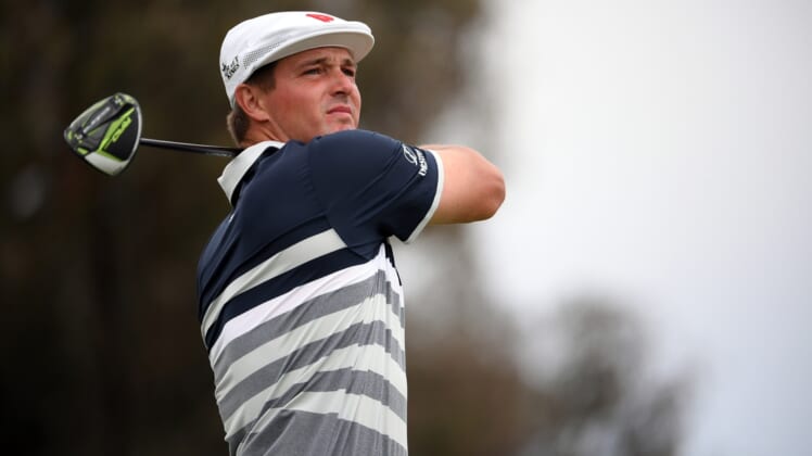 Jun 20, 2021; San Diego, California, USA; Bryson DeChambeau plays his shot from the 12th tee during the final round of the U.S. Open golf tournament at Torrey Pines Golf Course. Mandatory Credit: Orlando Ramirez-USA TODAY Sports