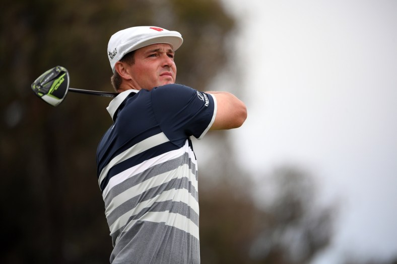 Jun 20, 2021; San Diego, California, USA; Bryson DeChambeau plays his shot from the 12th tee during the final round of the U.S. Open golf tournament at Torrey Pines Golf Course. Mandatory Credit: Orlando Ramirez-USA TODAY Sports