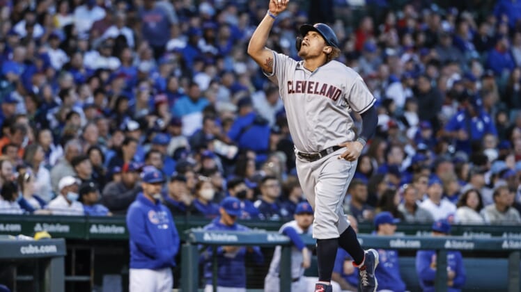 Jun 21, 2021; Chicago, Illinois, USA; Cleveland Indians left fielder Josh Naylor (22) rounds the bases after hitting a two-run home run against the Chicago Cubs during the fifth inning at Wrigley Field. Mandatory Credit: Kamil Krzaczynski-USA TODAY Sports