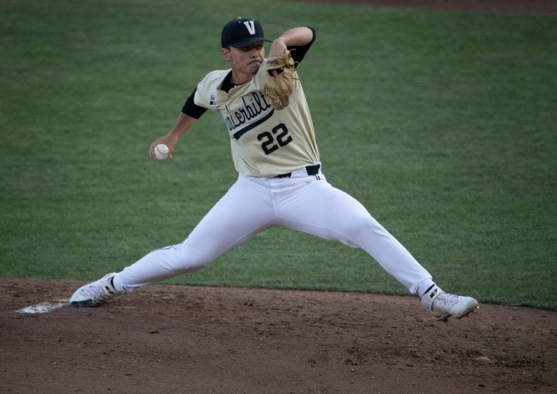 Vanderbilt pitcher Jack Leiter (22) throws a pitch against NC State in the fifth inning during game six in the NCAA Men   s College World Series at TD Ameritrade Park Monday, June 21, 2021 in Omaha, Neb.

Nas Vandy Nc State 032