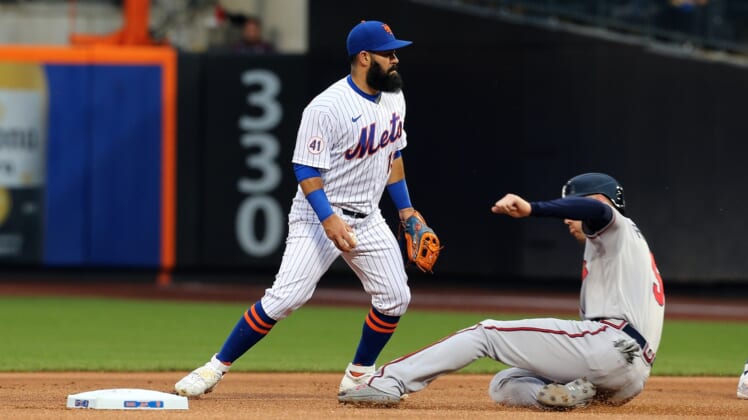 Jun 22, 2021; New York City, New York, USA; Atlanta Braves first baseman Freddie Freeman (5) forced out at second base against the New York Mets during the first inning at Citi Field. Mandatory Credit: Andy Marlin-USA TODAY Sports