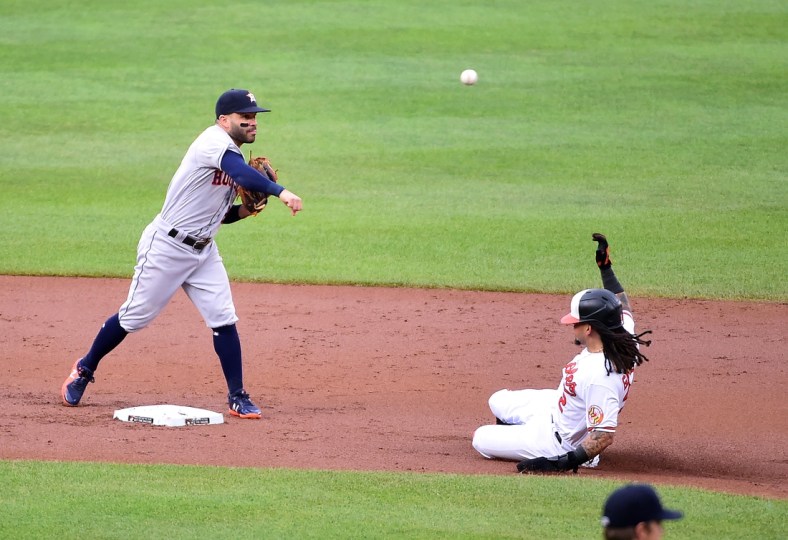 Jun 22, 2021; Baltimore, Maryland, USA; Houston Astros second baseman Jose Altuve (27) turns a double play over Baltimore Orioles shortstop Freddy Galvis (2) in the first inning at Oriole Park at Camden Yards. Mandatory Credit: Evan Habeeb-USA TODAY Sports