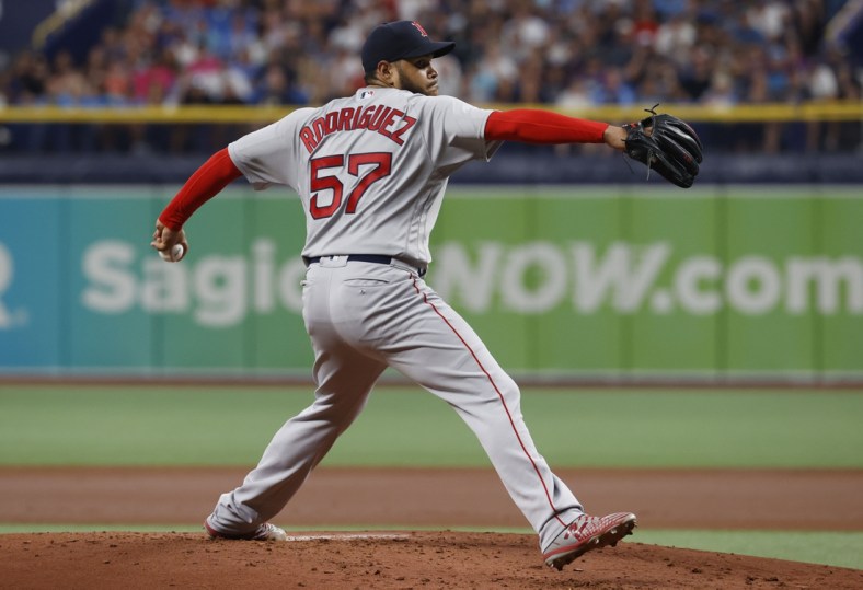 Jun 22, 2021; St. Petersburg, Florida, USA; Boston Red Sox starting pitcher Eduardo Rodriguez (57) throws a pitch against the Tampa Bay Rays during the first inning at Tropicana Field. Mandatory Credit: Kim Klement-USA TODAY Sports