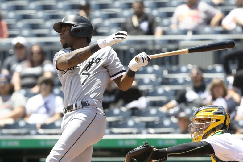 Jun 23, 2021; Pittsburgh, Pennsylvania, USA;  Chicago White Sox shortstop Tim Anderson (7) hits an RBI double against the Pittsburgh Pirates during the second inning at PNC Park. Mandatory Credit: Charles LeClaire-USA TODAY Sports