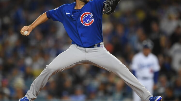 Jun 24, 2021; Los Angeles, California, USA; Chicago Cubs relief pitcher Ryan Tepera (18) throws a pitch during the eighth inning against the Los Angeles Dodgers at Dodger Stadium. Mandatory Credit: Jayne Kamin-Oncea-USA TODAY Sports