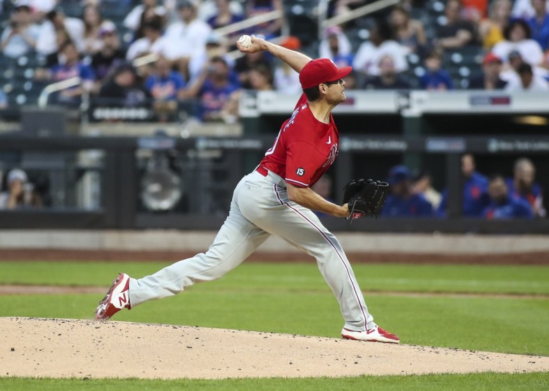 Jun 25, 2021; New York City, New York, USA;  Philadelphia Phillies pitcher Matt Moore (31) pitches in the first inning against the New York Mets at Citi Field. Mandatory Credit: Wendell Cruz-USA TODAY Sports