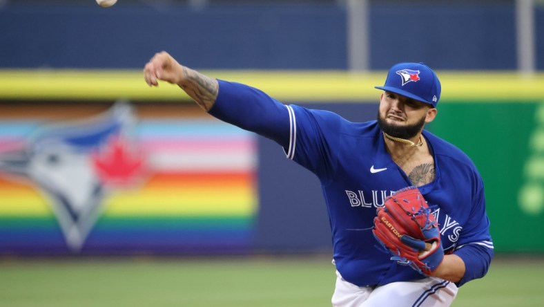 Jun 25, 2021; Buffalo, New York, USA;  Toronto Blue Jays starting pitcher Alek Manoah (6) throws a pitch during the first inning against Baltimore Orioles at Sahlen Field. Mandatory Credit: Timothy T. Ludwig-USA TODAY Sports