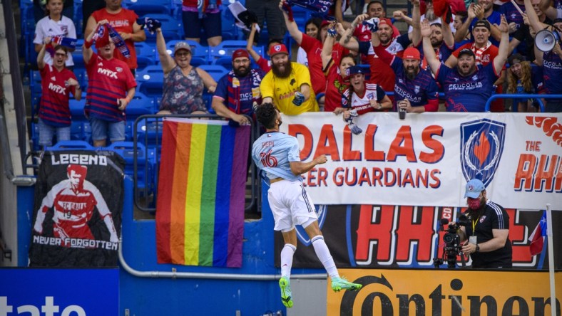 Jun 27, 2021; Frisco, Texas, USA; FC Dallas forward Ricardo Pepi (16) celebrates scoring a goal against the New England Revolution during the first half at Toyota Stadium. Mandatory Credit: Jerome Miron-USA TODAY Sports