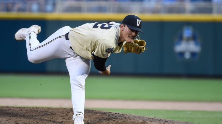 Jun 28, 2021; Omaha, Nebraska, USA;  Vanderbilt Commodores starting pitcher Jack Leiter (22) pitches in the fifth inning against the Mississippi St. Bulldogs at TD Ameritrade Park. Mandatory Credit: Steven Branscombe-USA TODAY Sports