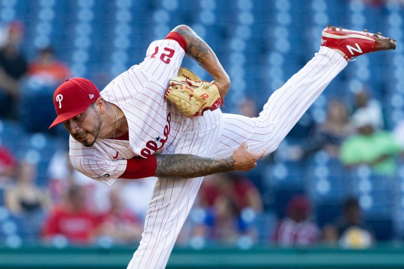 Jun 29, 2021; Philadelphia, Pennsylvania, USA; Philadelphia Phillies starting pitcher Vince Velasquez (21) pitches against the Miami Marlins during the first inning at Citizens Bank Park. Mandatory Credit: Bill Streicher-USA TODAY Sports