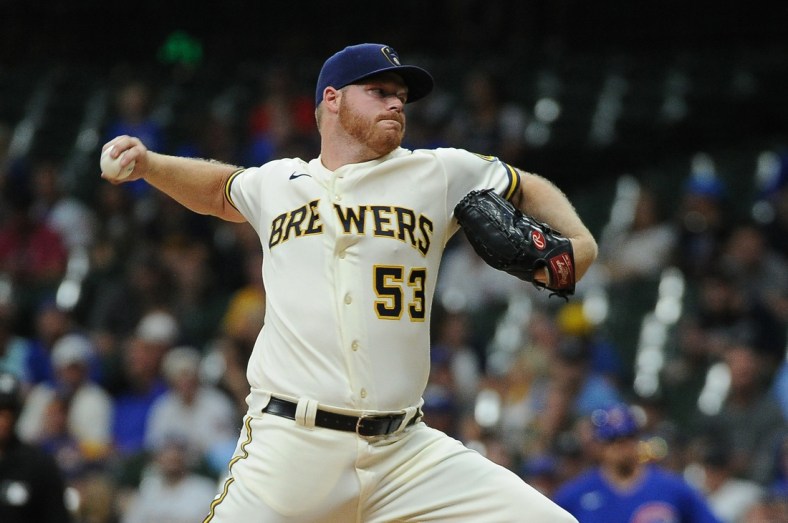 Jun 29, 2021; Milwaukee, Wisconsin, USA;  Milwaukee Brewers starting pitcher Brandon Woodruff (53) delivers a pitch against the Chicago Cubs in the fourth inning at American Family Field. Mandatory Credit: Michael McLoone-USA TODAY Sports
