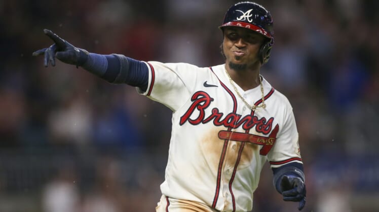 Jun 30, 2021; Atlanta, Georgia, USA; Atlanta Braves second baseman Ozzie Albies (1) celebrates after a home run against the New York Mets in the fifth inning at Truist Park. Mandatory Credit: Brett Davis-USA TODAY Sports