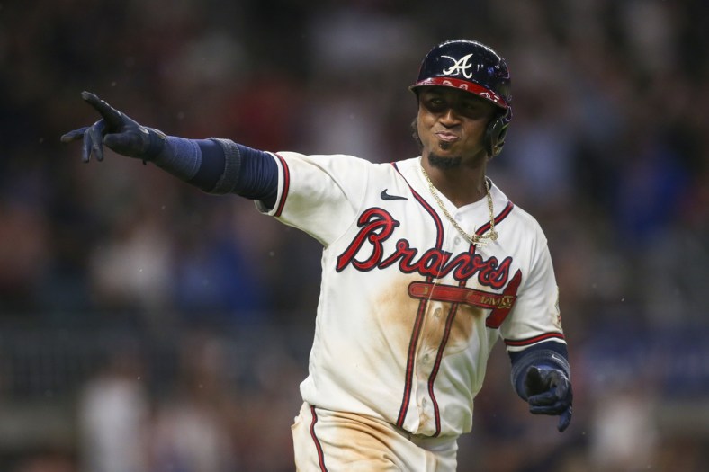 Jun 30, 2021; Atlanta, Georgia, USA; Atlanta Braves second baseman Ozzie Albies (1) celebrates after a home run against the New York Mets in the fifth inning at Truist Park. Mandatory Credit: Brett Davis-USA TODAY Sports