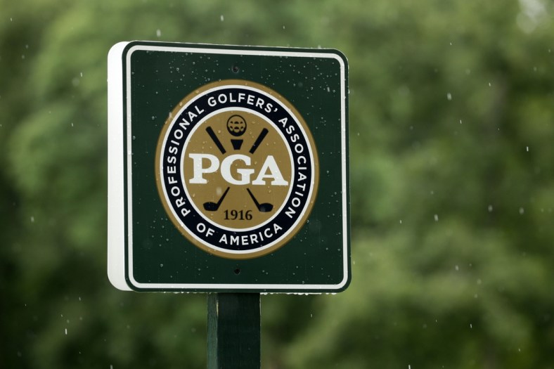 Aug 8, 2017; Charlotte, NC, USA; A view of the PGA of America sign on the 15th green during a practice round for the 2017 PGA Championship at Quail Hollow Club. Mandatory Credit: Rob Schumacher-USA TODAY Sports