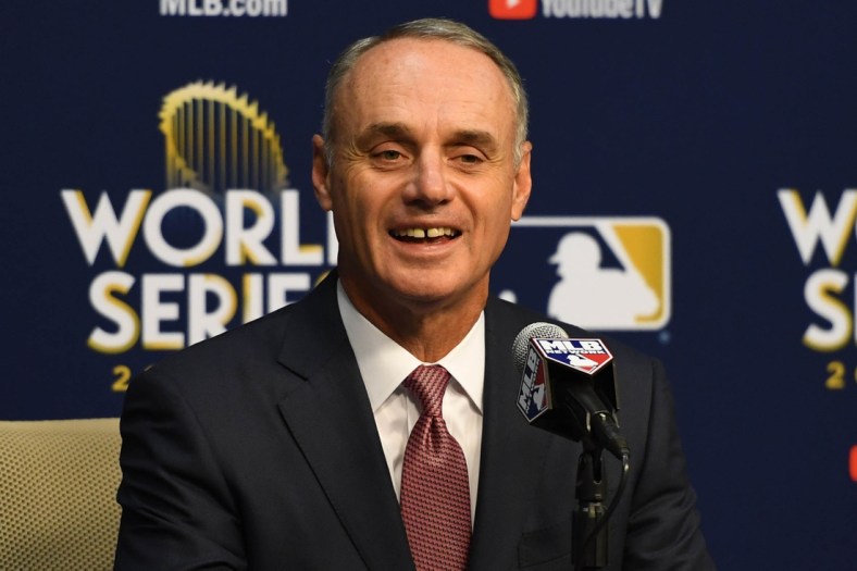 Oct 28, 2017; Houston, TX, USA; MLB commissioner Rob Manfred speaks at a press conference regarding Houston Astros first baseman Yuli Gurriel (not pictured) before game four of the 2017 World Series between the Houston Astros and the Los Angeles Dodgers at Minute Maid Park. Mandatory Credit: Shanna Lockwood-USA TODAY Sports