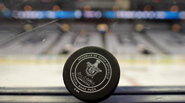 Apr 19, 2018; Columbus, OH, USA; A view of an official game puck with the Stanley Cup logo prior to the Washington Capitals against the Columbus Blue Jackets in game four of the first round of the 2018 Stanley Cup Playoffs at Nationwide Arena. Mandatory Credit: Aaron Doster-USA TODAY Sports