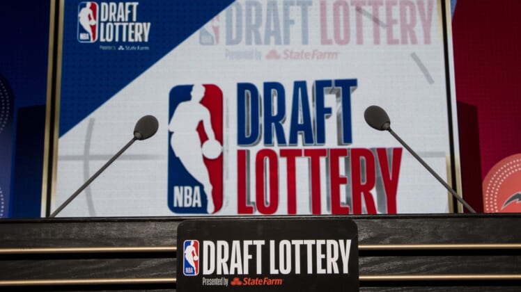 May 15, 2018; Chicago, IL, USA; The podium with logos is seen prior to the 2018 NBA Draft Lottery at the Palmer House Hilton. Mandatory Credit: Patrick Gorski-USA TODAY Sports