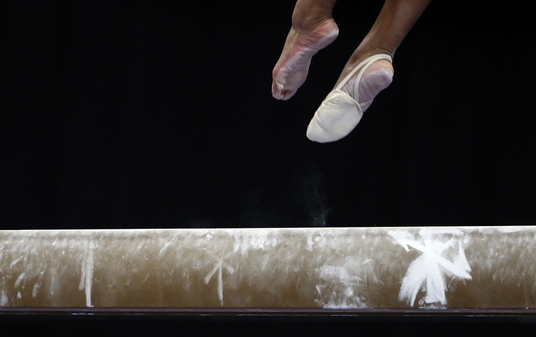 Aug 17, 2018; Boston, MA, USA; A competitors feet are seen on the balance beam during the U.S. Gymnastics Championships at TD Garden. Mandatory Credit: Winslow Townson-USA TODAY Sports