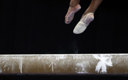 Aug 17, 2018; Boston, MA, USA; A competitors feet are seen on the balance beam during the U.S. Gymnastics Championships at TD Garden. Mandatory Credit: Winslow Townson-USA TODAY Sports