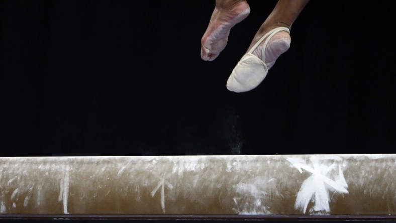 Aug 17, 2018; Boston, MA, USA; A competitors feet are seen on the balance beam during the U.S. Gymnastics Championships at TD Garden. Mandatory Credit: Winslow Townson-USA TODAY Sports