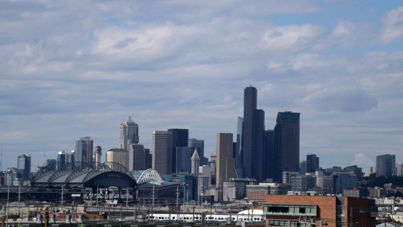 Aug 30, 2018; Seattle, WA, USA; General overall view of Safeco Field and CenturyLnk Field and the downtown Seattle skyline. Mandatory Credit: Kirby Lee-USA TODAY Sports